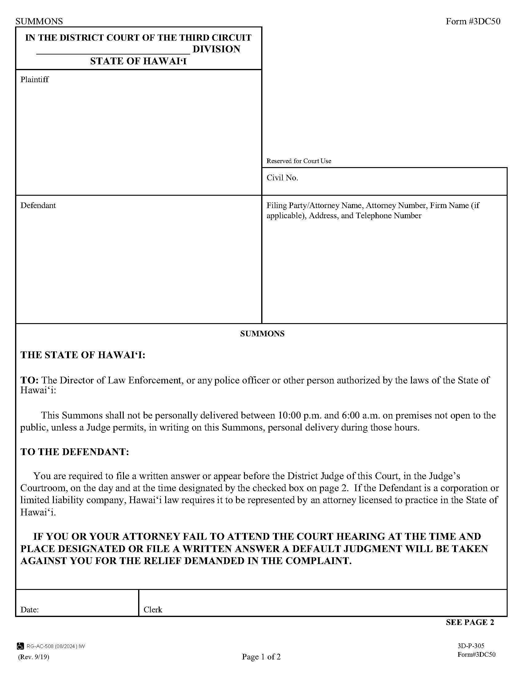 Summons {3DC50} | Pdf Fpdf Docx | Hawaii