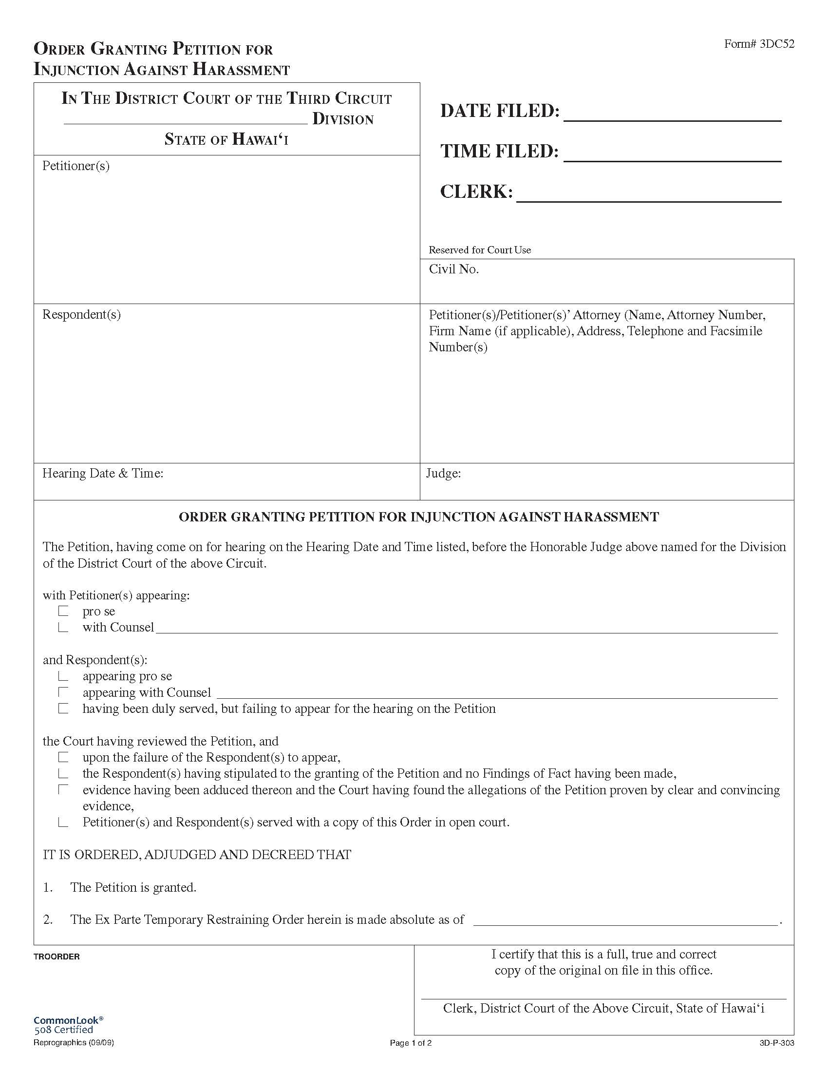 Order Granting Petition For Injunction Against Harassment {3DC52} | Pdf Fpdf Doc Docx | Hawaii