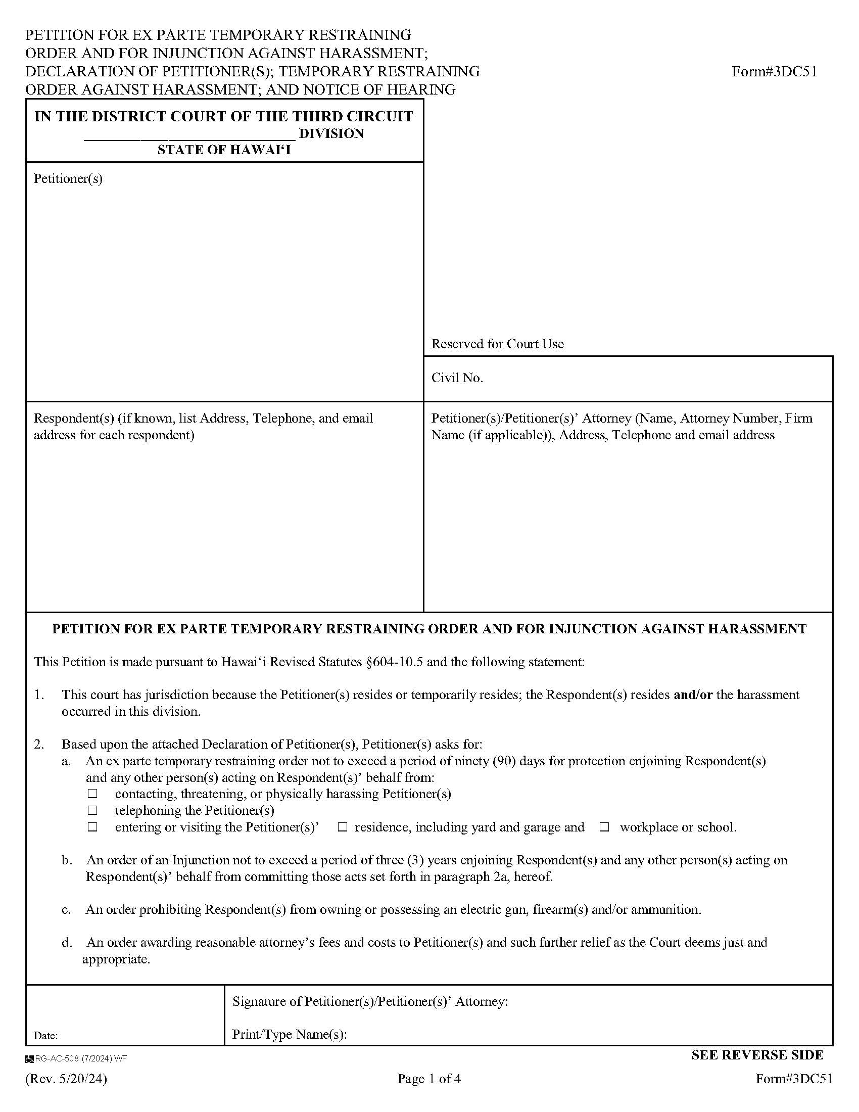 Petition For Ex Parte Temporary Restraining Order And For Injunction Against Harassment {3DC51} | Pdf Fpdf Doc Docx | Hawaii