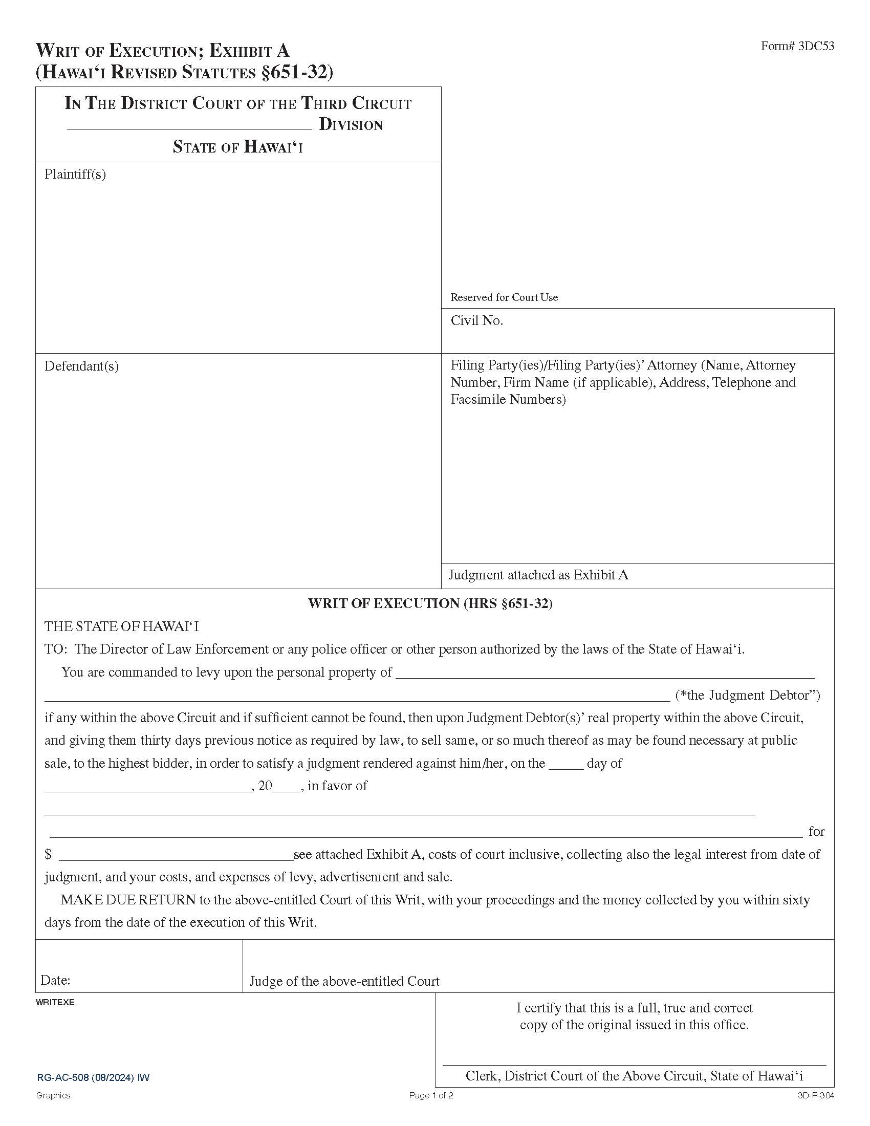 Writ Of Execution {3DC53} | Pdf Fpdf Doc Docx | Hawaii