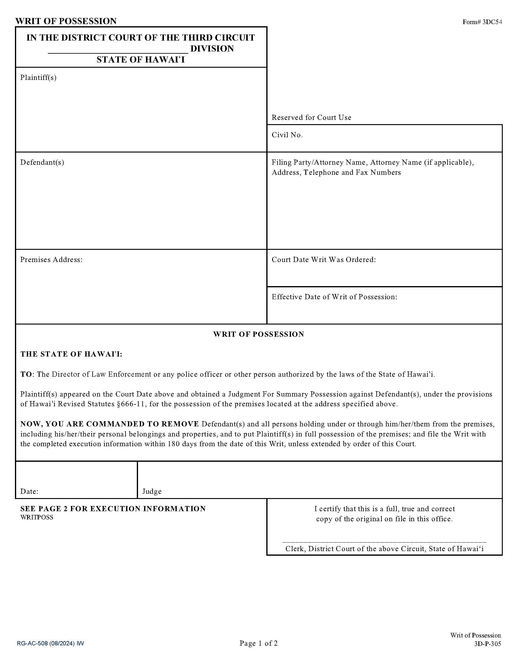 Writ Of Possession {3DC54} | Pdf Fpdf Doc Docx | Hawaii