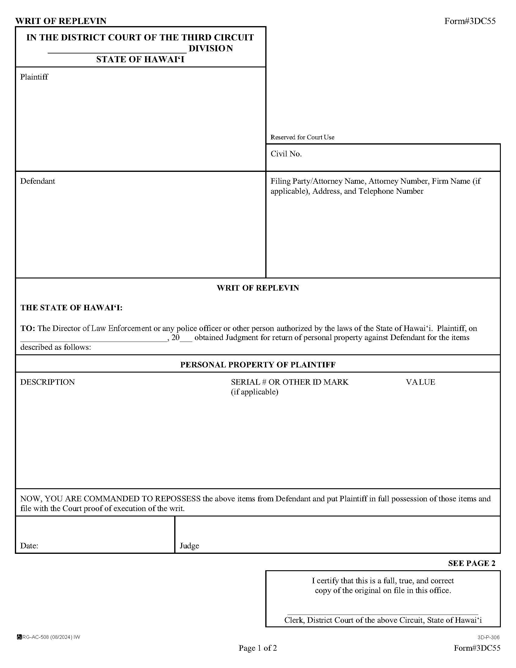 Writ Of Replevin {3DC55} | Pdf Fpdf Docx | Hawaii