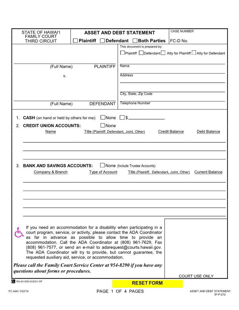 Asset And Debt Statement {3F-P-272} | Pdf Fpdf Docx | Hawaii