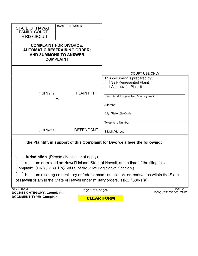 Complaint For Divorce {3F-P-266} | Pdf Fpdf Docx | Hawaii