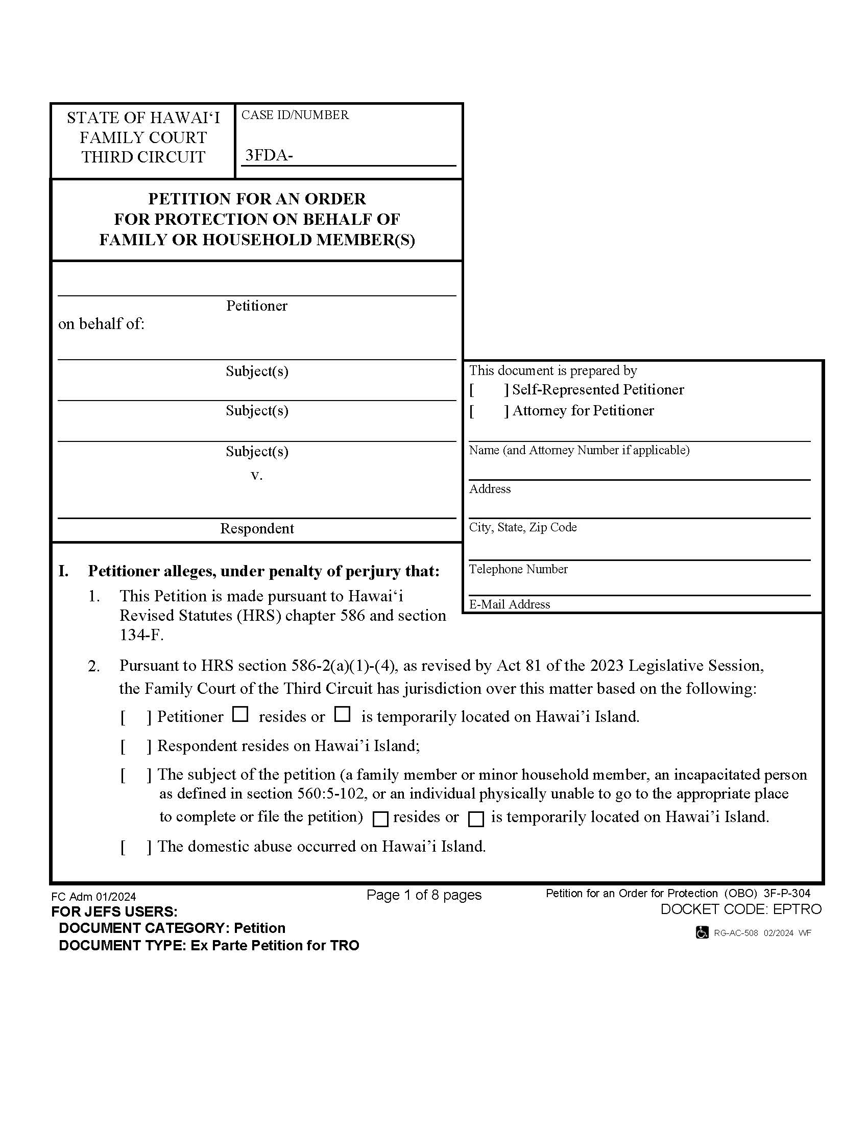 Petition For An Order For Protection On Behalf Of A Family Or Household Member {3F-P-304} | Pdf Fpdf Docx | Hawaii