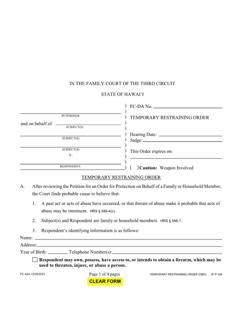 Temporary Restraining Order {3F-P-306} | Pdf Fpdf Docx | Hawaii