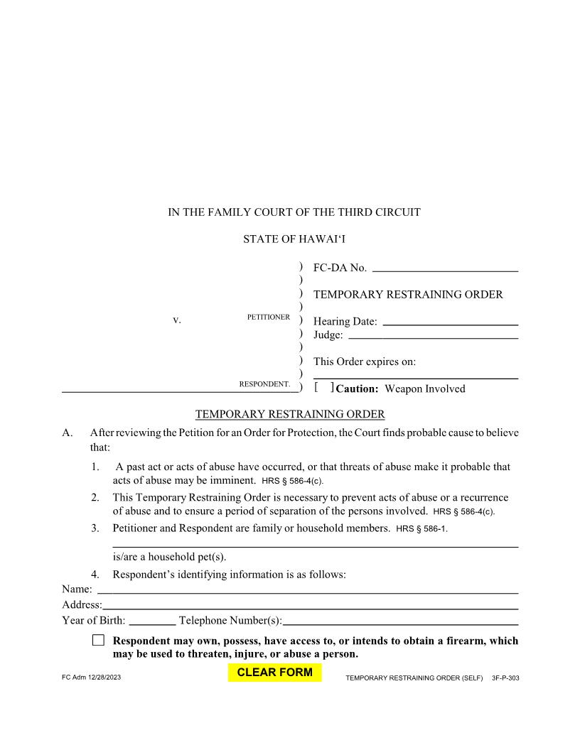 Temporary Restraining Order Self {3F-P-303} | Pdf Fpdf Docx | Hawaii