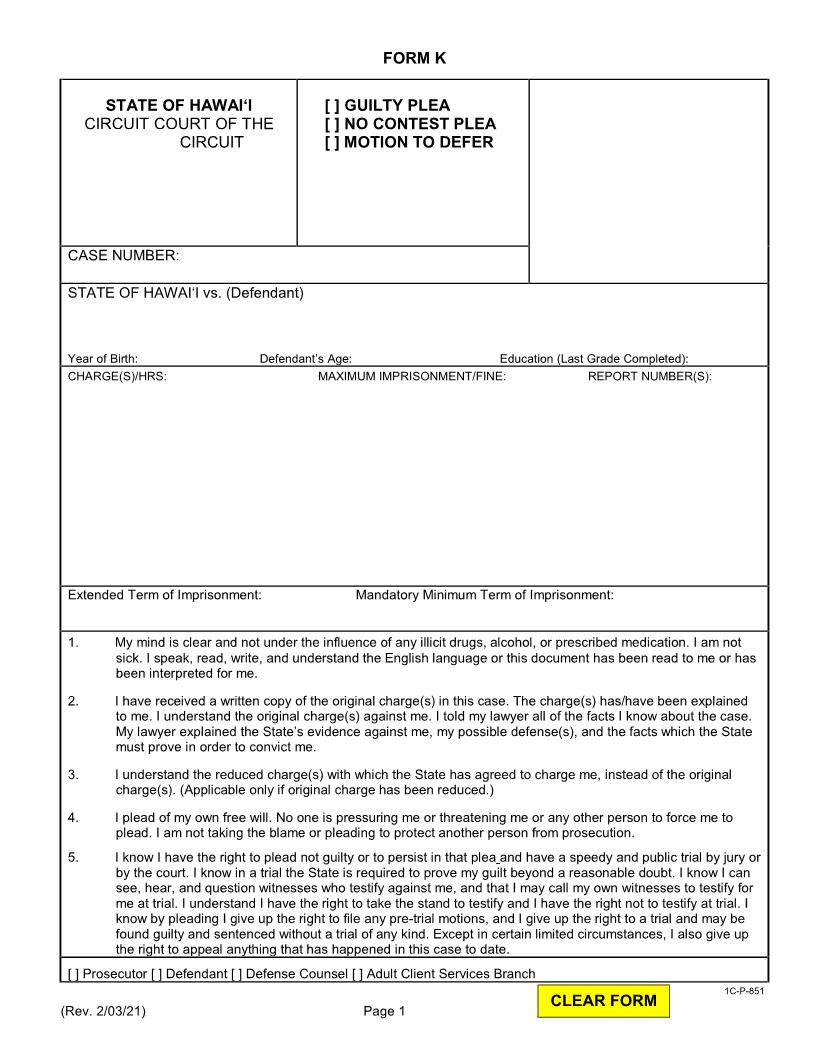 Criminal Plea Form {1C-P-851} | Pdf Fpdf Docx | Hawaii