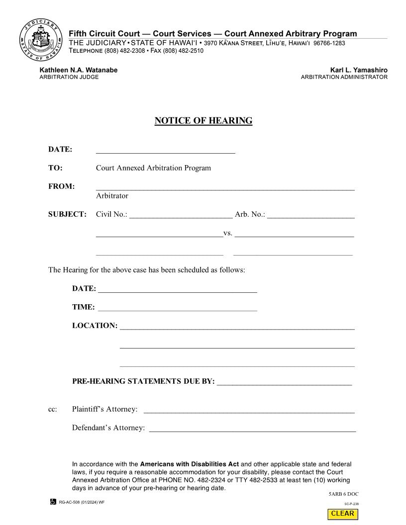 Notice Of Hearing {5C-P-238} | Pdf Fpdf Docx | Hawaii