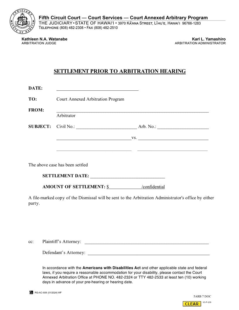 Settlement Prior To Arbitration Hearing {5C-P-239} | Pdf Fpdf Docx | Hawaii
