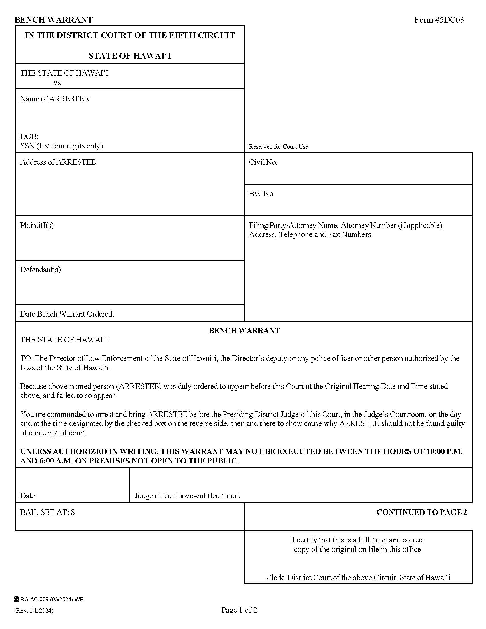 Bench Warrant {5DC03} | Pdf Fpdf Doc Docx | Hawaii