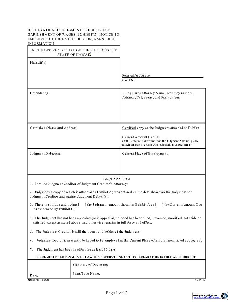 Declaration Of Judgment Creditor For Garnishment Of Wages {5DP187} | Pdf Fpdf Docx | Hawaii