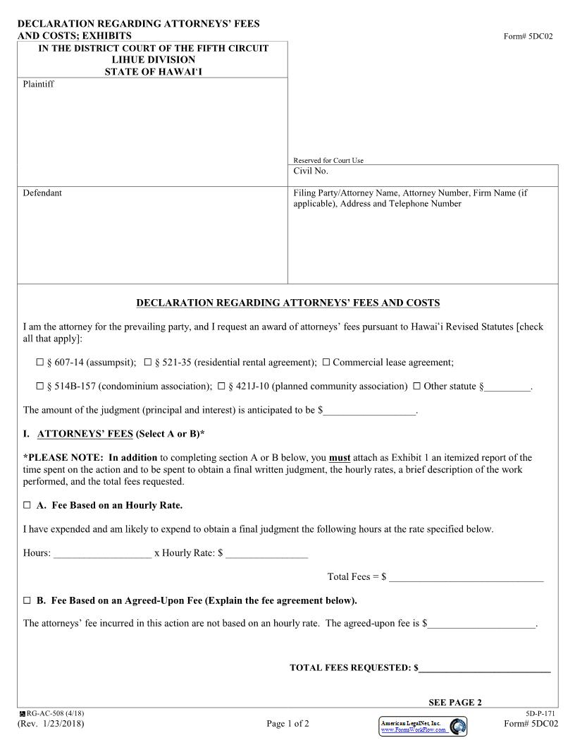 Declaration Regarding Attorneys Fees And Costs {5DC02} | Pdf Fpdf Docx | Hawaii