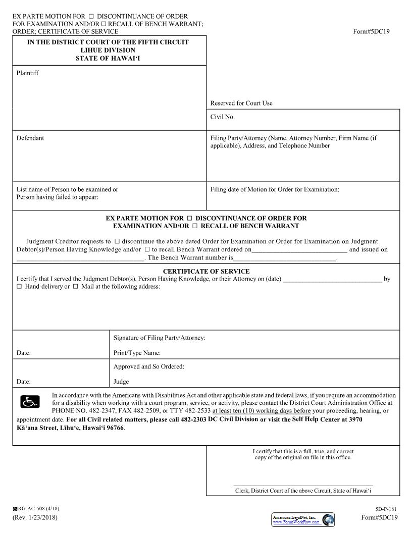 Ex Parte Motion For Discontinuance Of Order For Examination And Or Recall Of Bench Warrant {5DC19} | Pdf Fpdf Docx | Hawaii