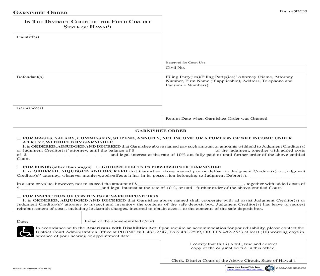 Garnishee Order {5DC30} | Pdf Fpdf Doc Docx | Hawaii