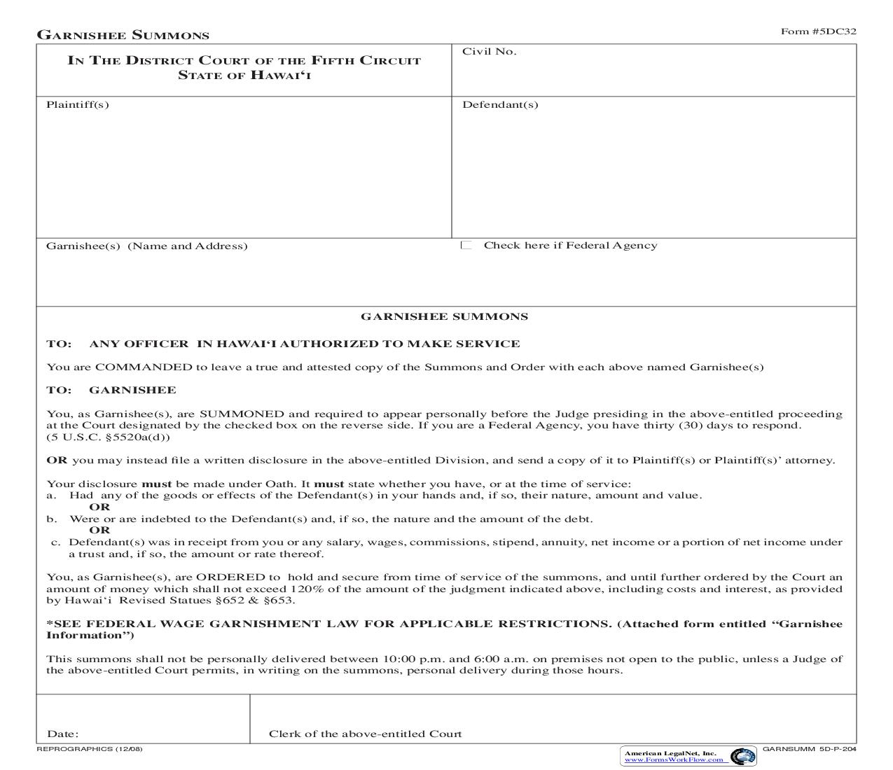 Garnishee Summons {5DC32} | Pdf Fpdf Doc Docx | Hawaii