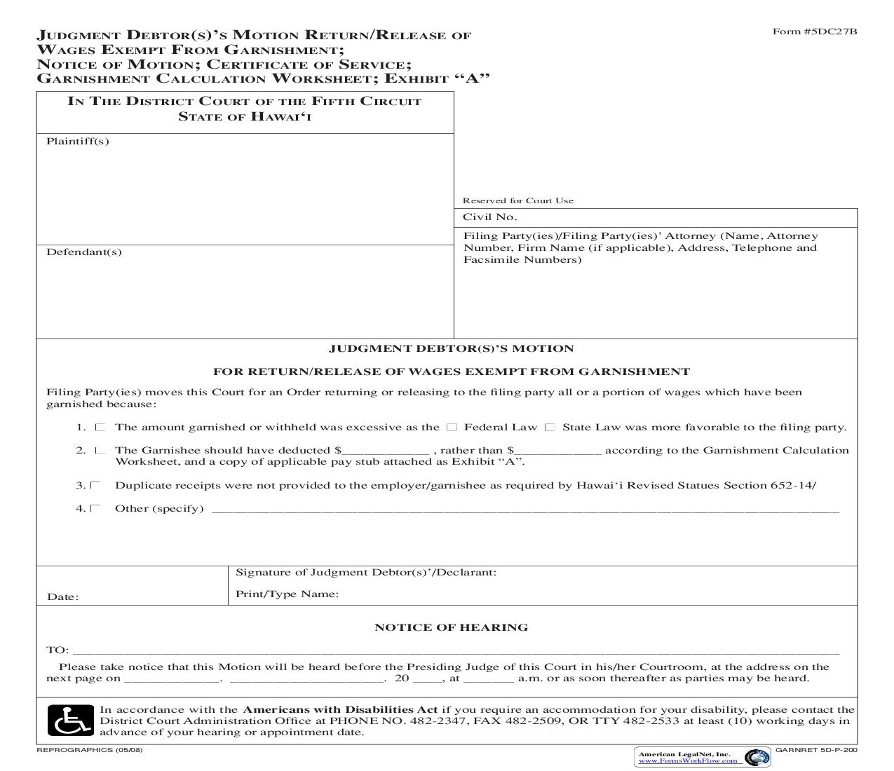 Judgment Debtors Motion Return Or Release Of Wages Exempt From Garnishment {5DC27B} | Pdf Fpdf Doc Docx | Hawaii