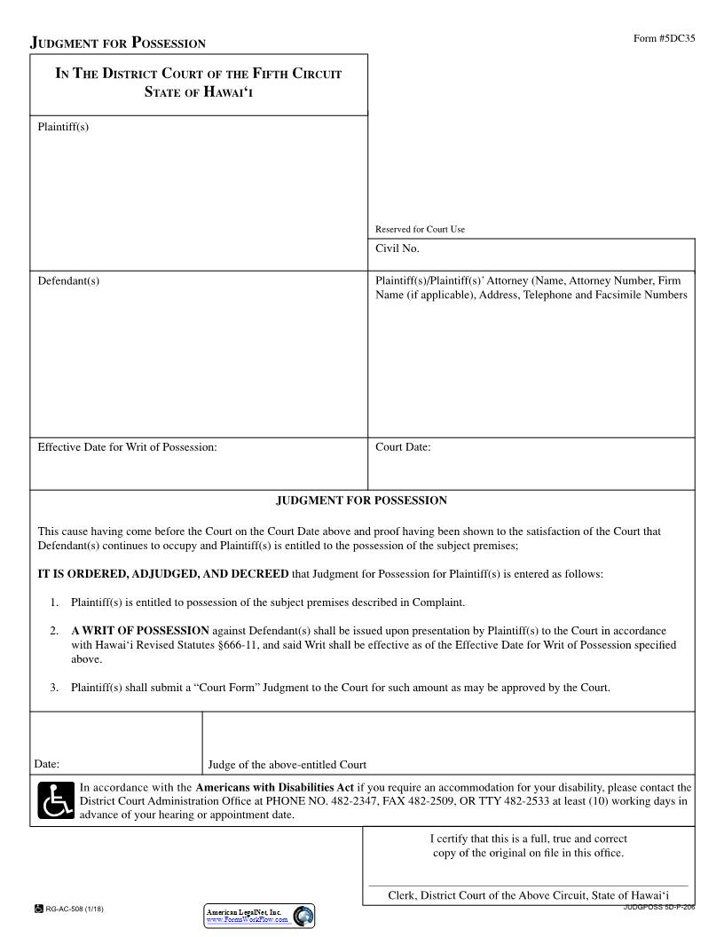 Judgment For Possession {5DC35} | Pdf Fpdf Docx | Hawaii