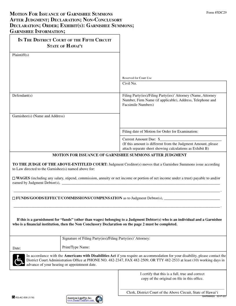 Motion For Issuance Of Garnishee Summons After Judgment {5DC29} | Pdf Fpdf Docx | Hawaii