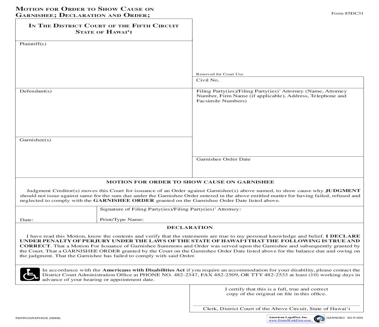 Motion For Order To Show Cause On Garnishee {5DC31} | Pdf Fpdf Doc Docx | Hawaii
