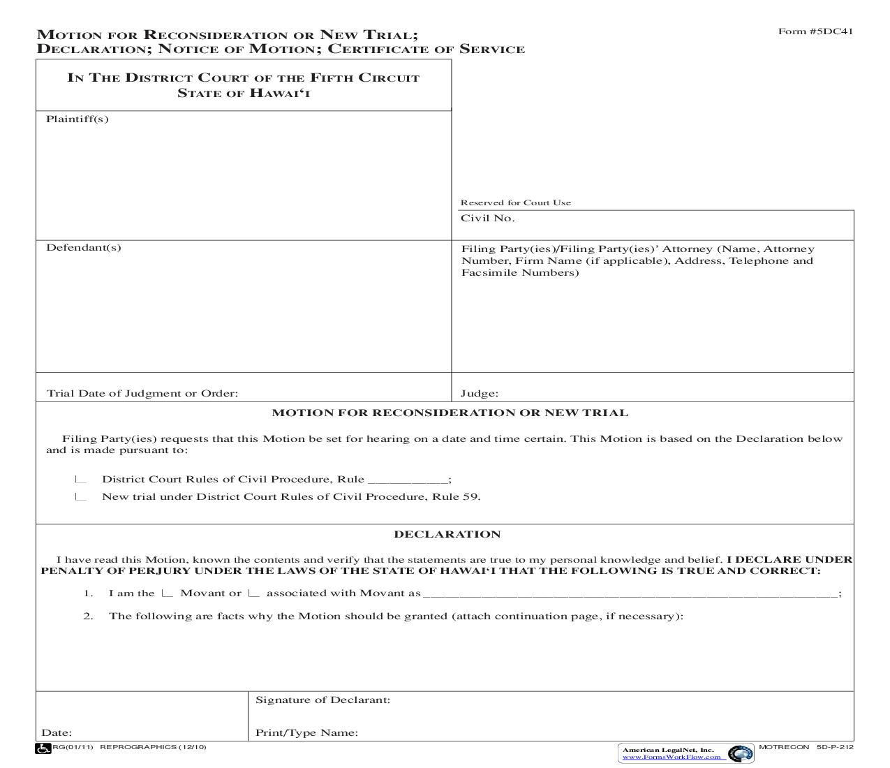 Motion For Reconsideration Or New Trial {5DC41} | Pdf Fpdf Doc Docx | Hawaii