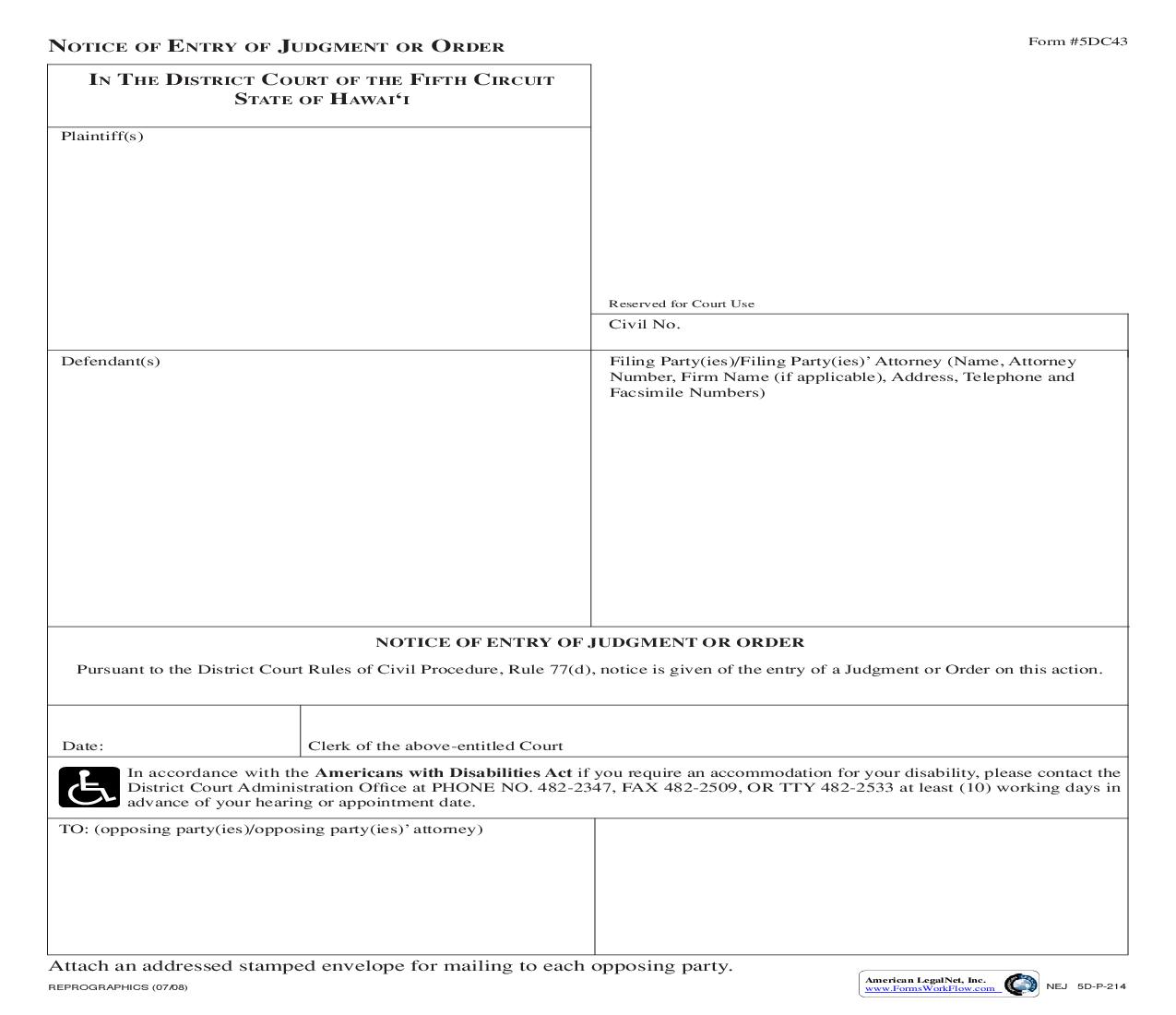 Notice Of Entry Of Judgment Or Order {5DC43} | Pdf Fpdf Doc Docx | Hawaii