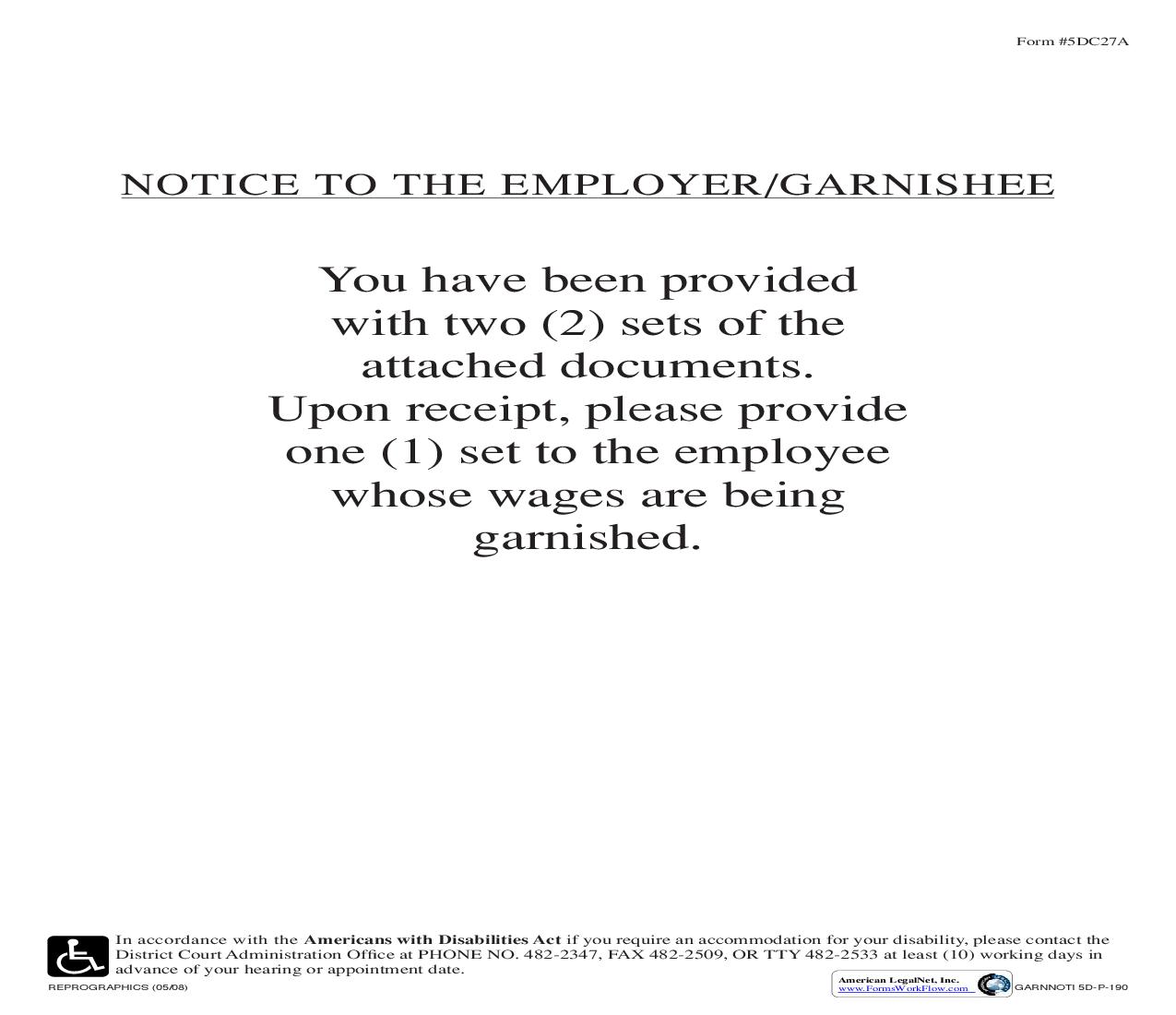 Notice To Employer Garnishee {5DC27A} | Pdf Fpdf Doc Docx | Hawaii