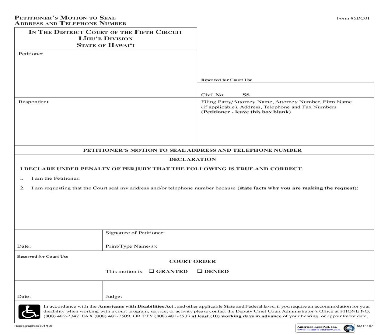 Petitioners Motion To Seal Address And Telephone Number {5DC01} | Pdf Fpdf Doc Docx | Hawaii