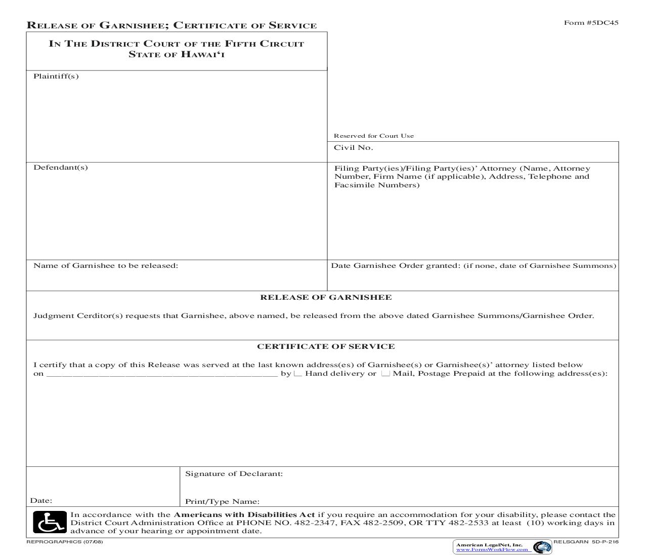 Release Of Garnishee {5DC45} | Pdf Fpdf Doc Docx | Hawaii