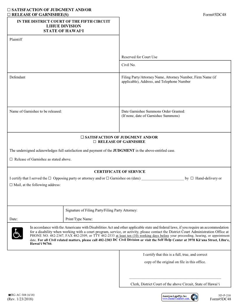 Satisfaction Of Judgment {5DC48} | Pdf Fpdf Docx | Hawaii