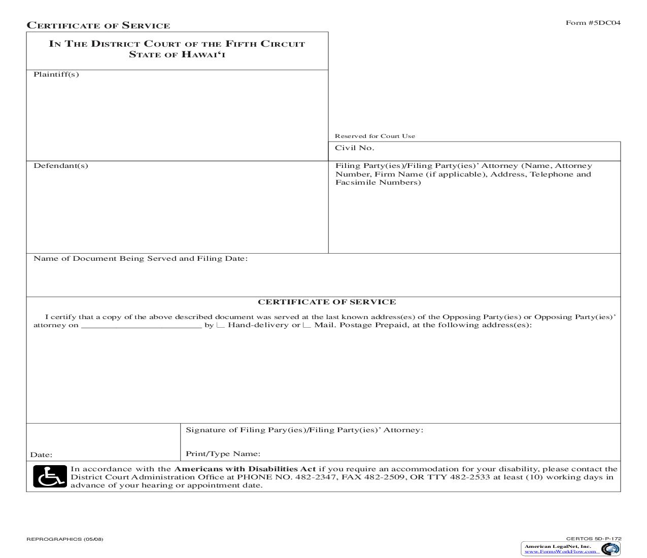 Certificate Of Service {5DC04} | Pdf Fpdf Doc Docx | Hawaii