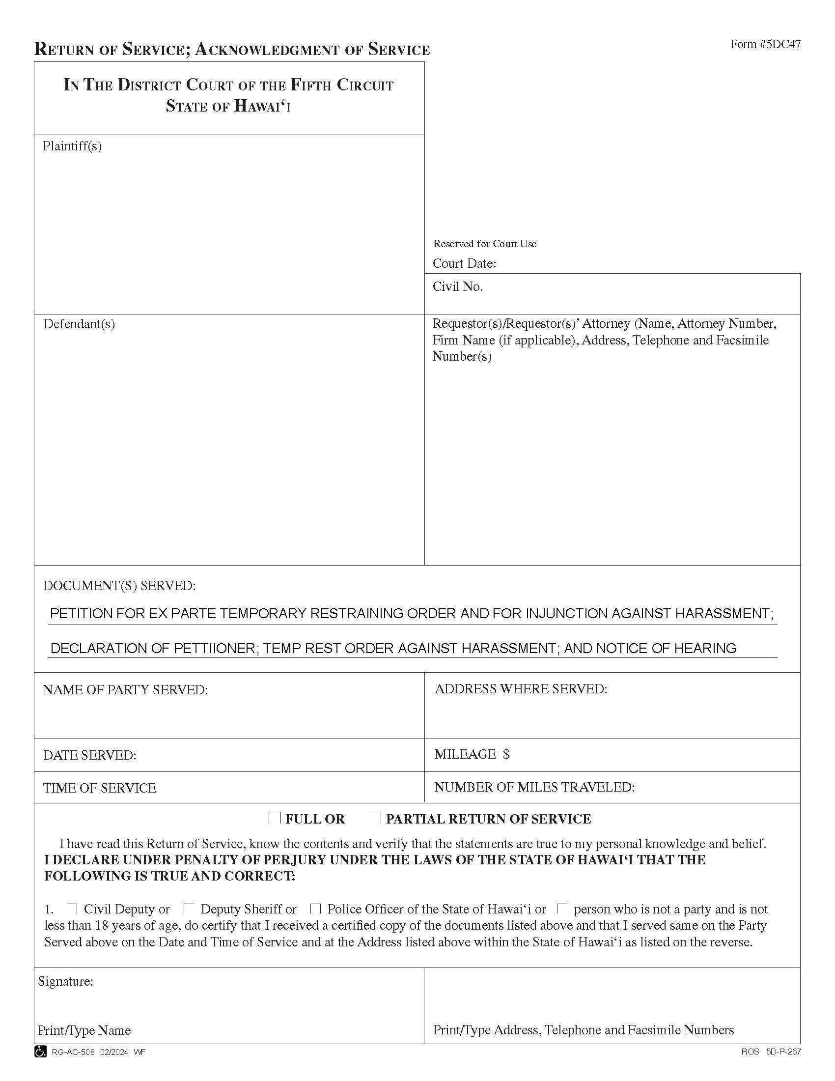 Return Of Service {5DC47} | Pdf Fpdf Doc Docx | Hawaii