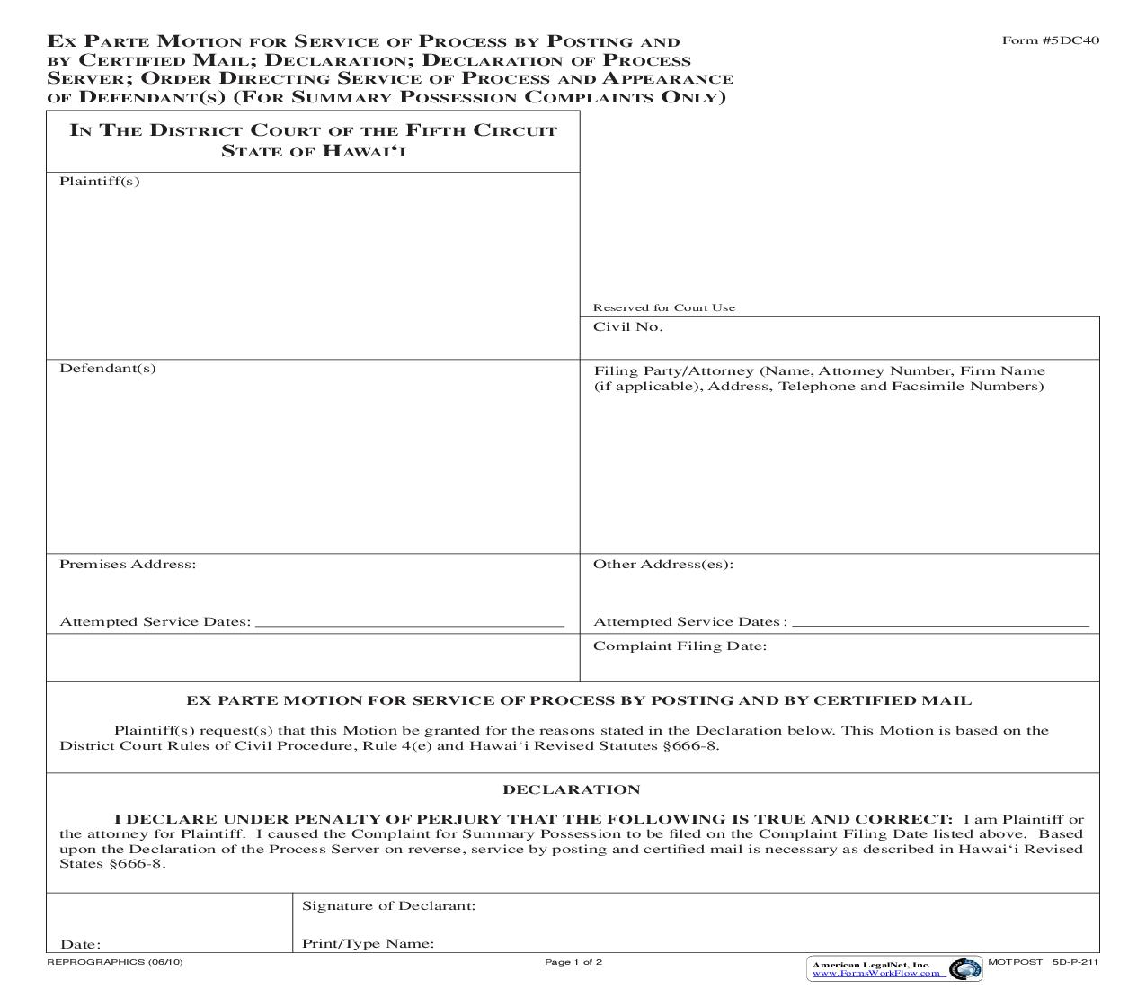 Ex Parte Motion For Service Of Process By Posting And By Certified Mail {5DC40} | Pdf Fpdf Doc Docx | Hawaii