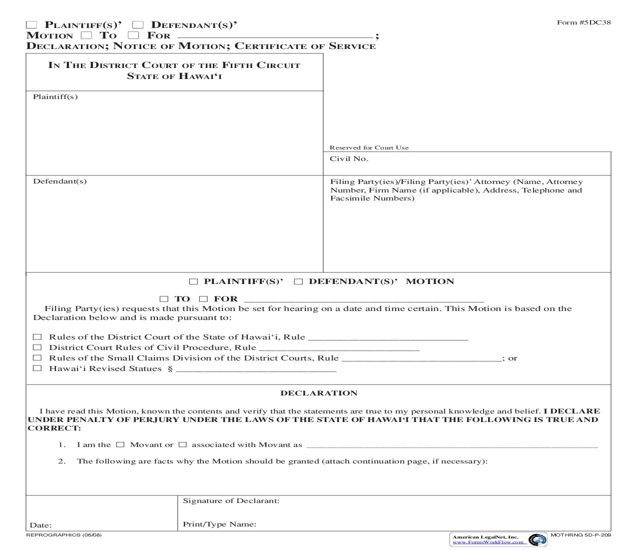 Motion (Hearing) {5DC38} | Pdf Fpdf Doc Docx | Hawaii