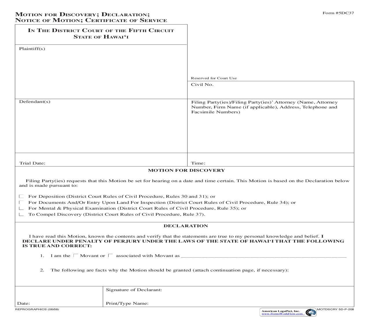 Motion For Discovery {5DC37} | Pdf Fpdf Doc Docx | Hawaii