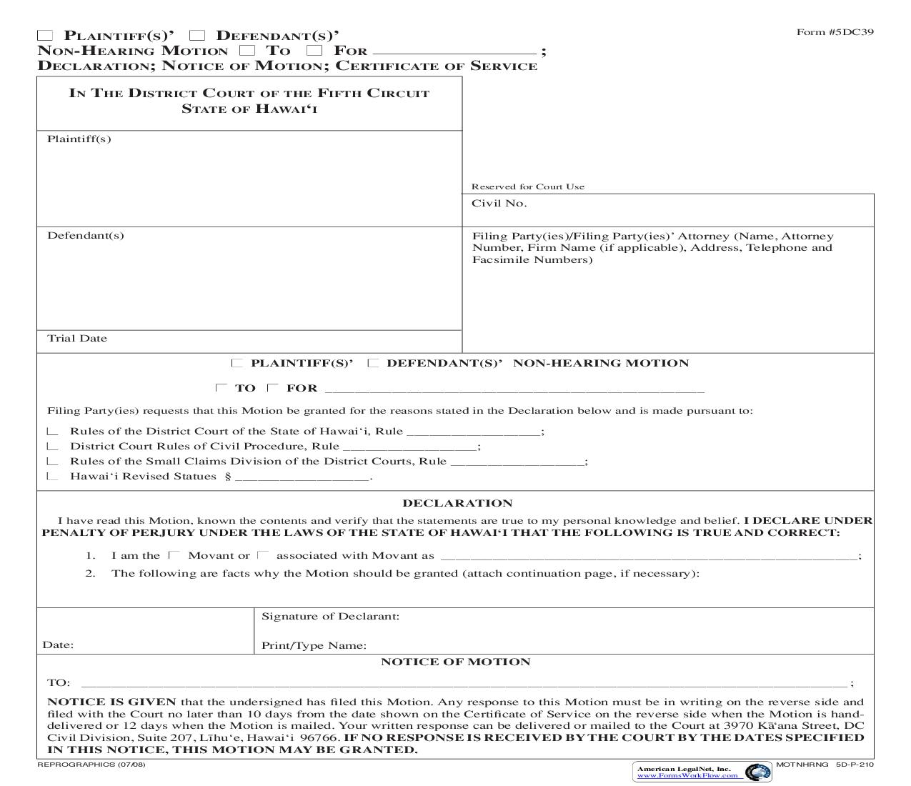 Non Hearing Motion {5DC39} | Pdf Fpdf Doc Docx | Hawaii