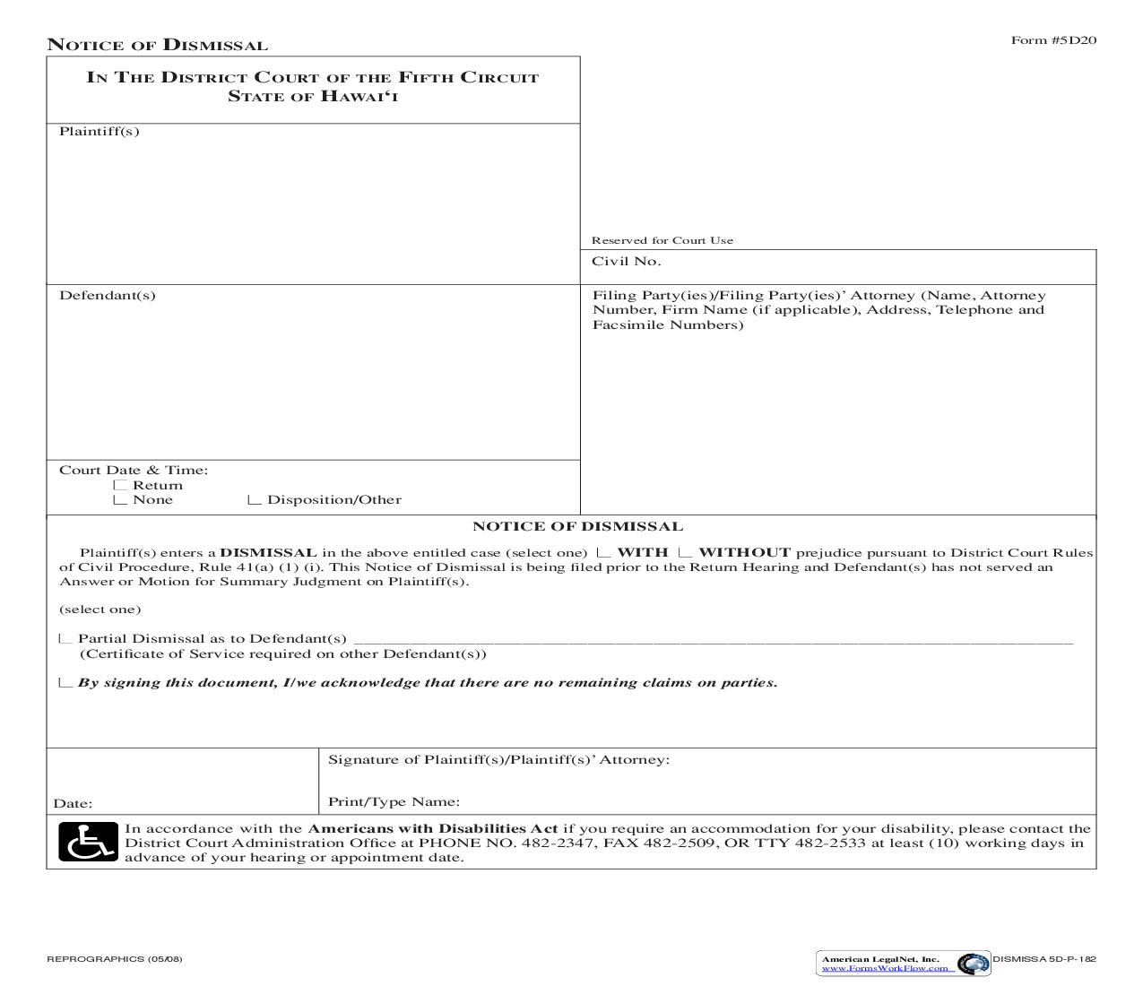 Notice Of Dismissal {5DC20} | Pdf Fpdf Doc Docx | Hawaii