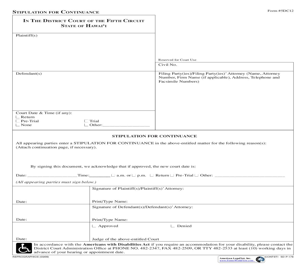 Stipulation For Continuance {5DC12} | Pdf Fpdf Doc Docx | Hawaii