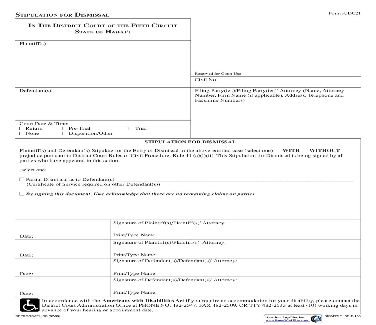 Stipulation For Dismissal {5DC21} | Pdf Fpdf Doc Docx | Hawaii