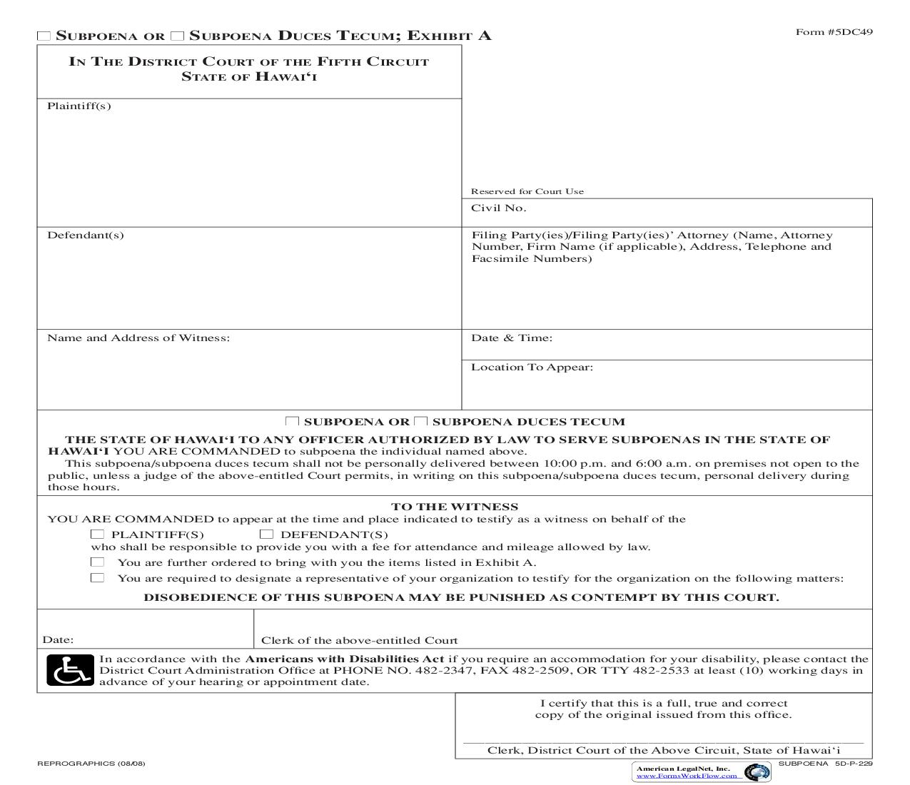 Subpoena Or Subpoena Duces Tecum {5DC49} | Pdf Fpdf Doc Docx | Hawaii