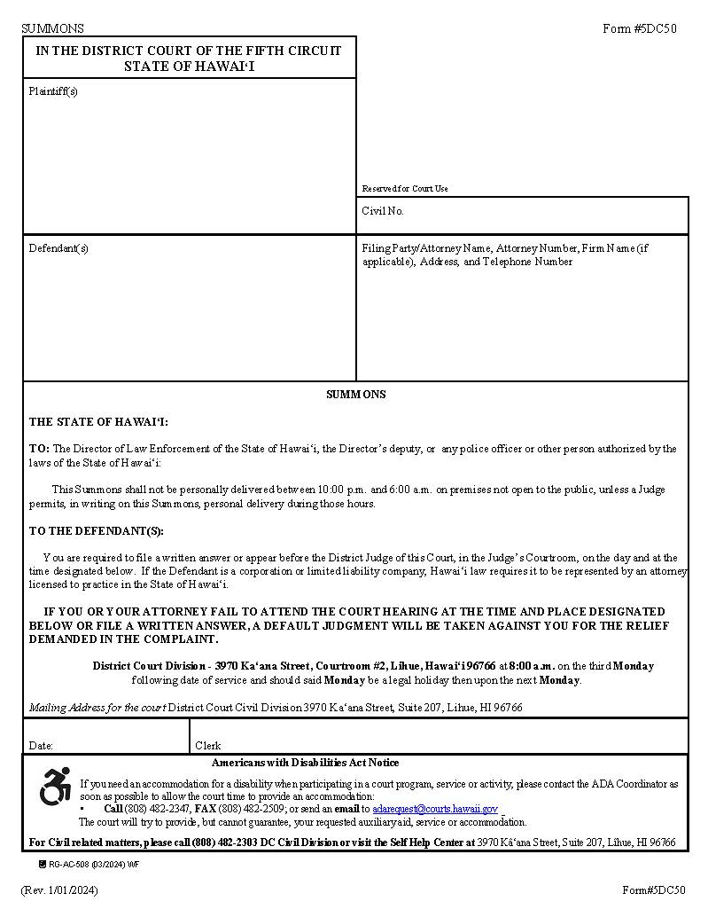 Summons {5DC50} | Pdf Fpdf Docx | Hawaii