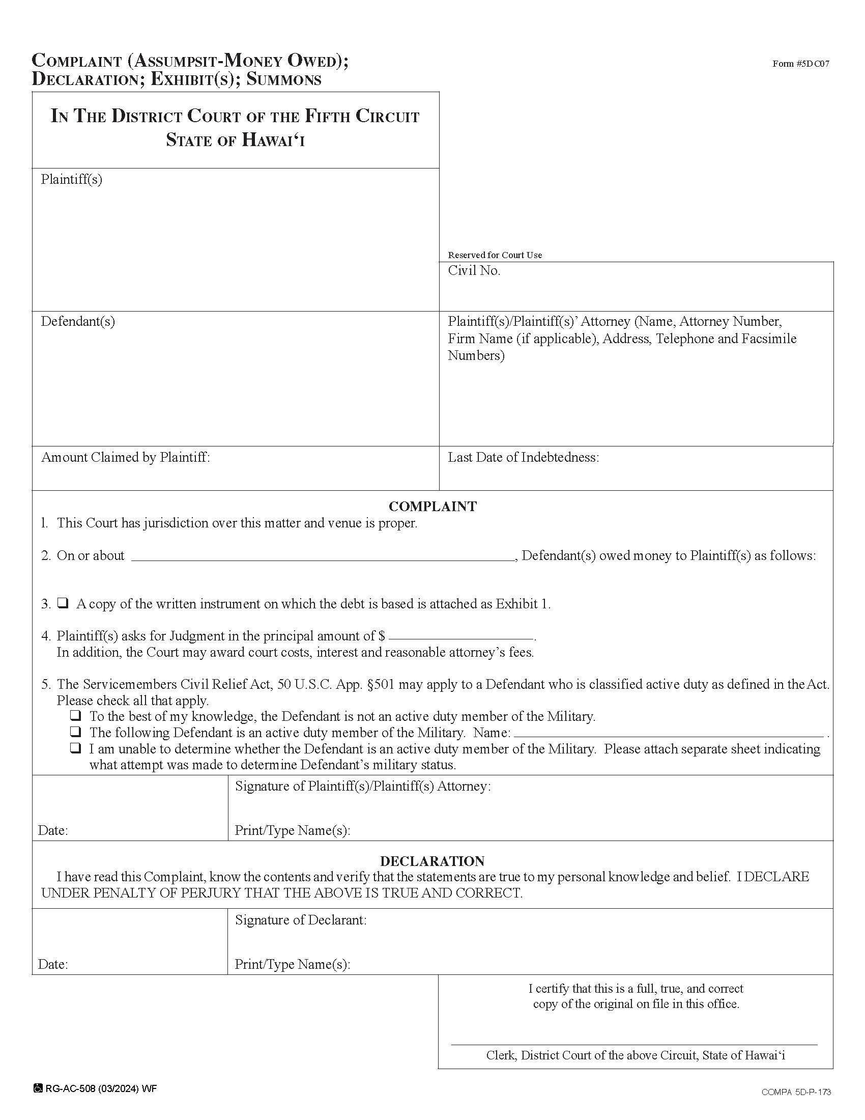 Complaint (Assumpsit-Money Owed) {5DC07} | Pdf Fpdf Doc Docx | Hawaii