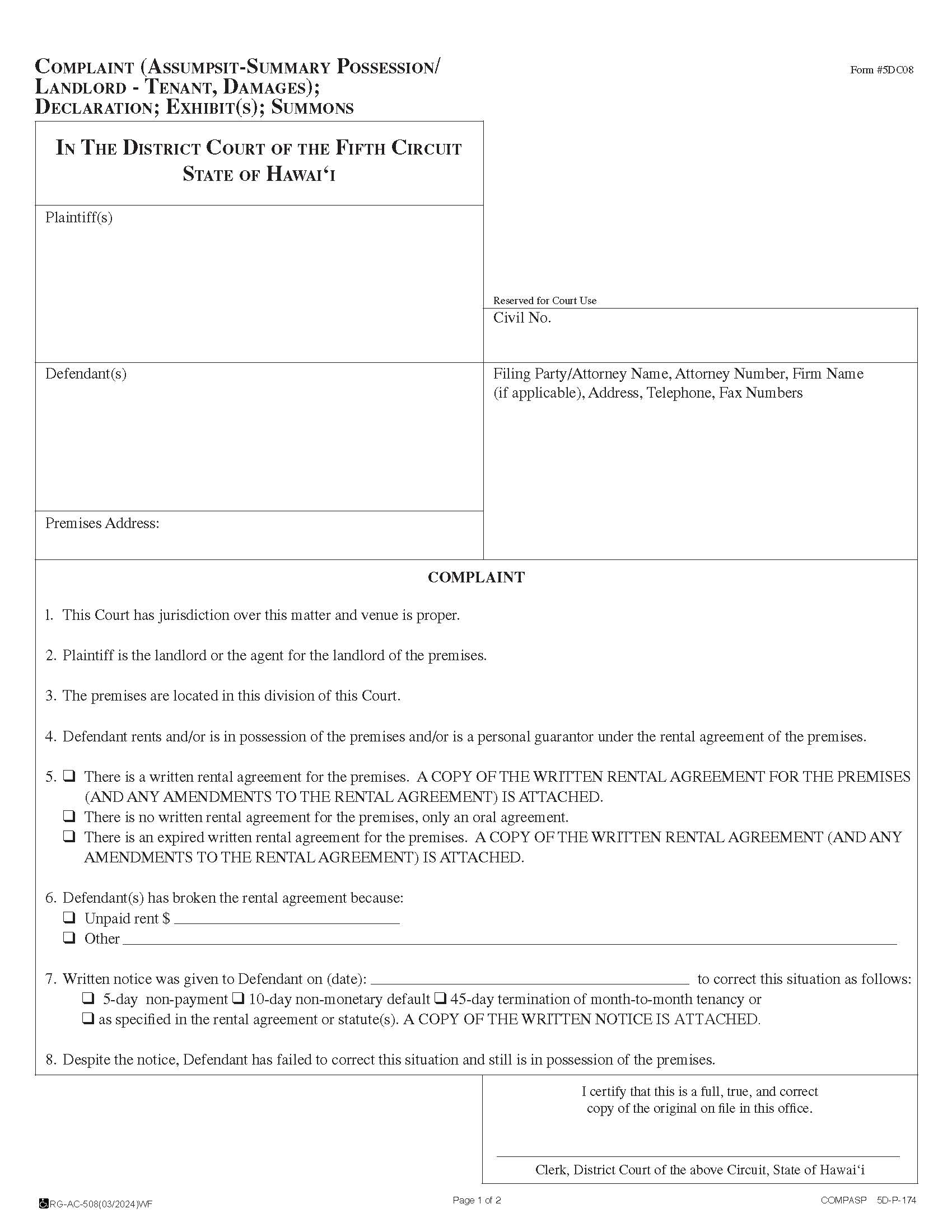 Complaint (Assumpsit-Summary Possession-Landlord Tenant-Damages) {5DC08} | Pdf Fpdf Doc Docx | Hawaii