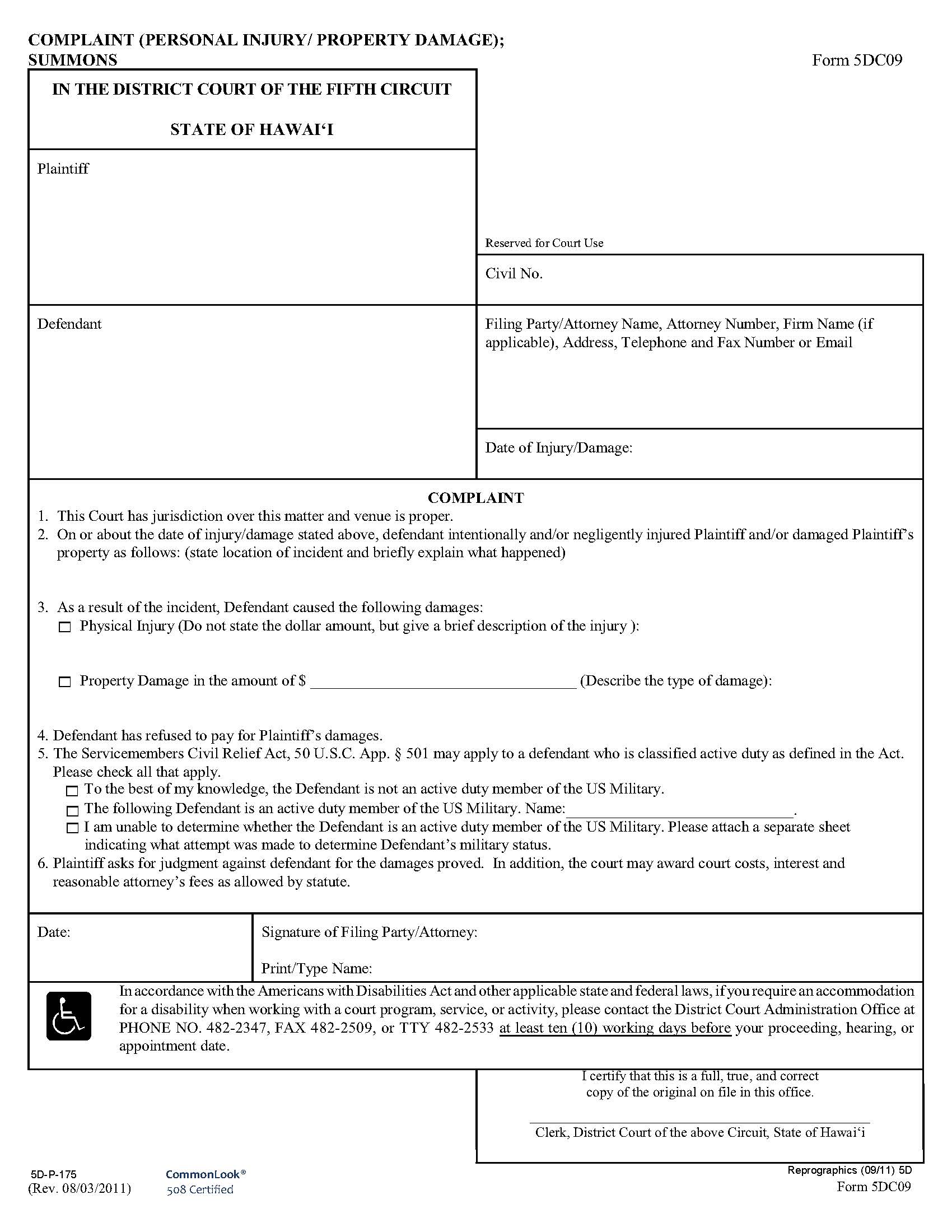 Complaint (Personal Injury-Property Damages) {5DC09} | Pdf Fpdf Doc Docx | Hawaii