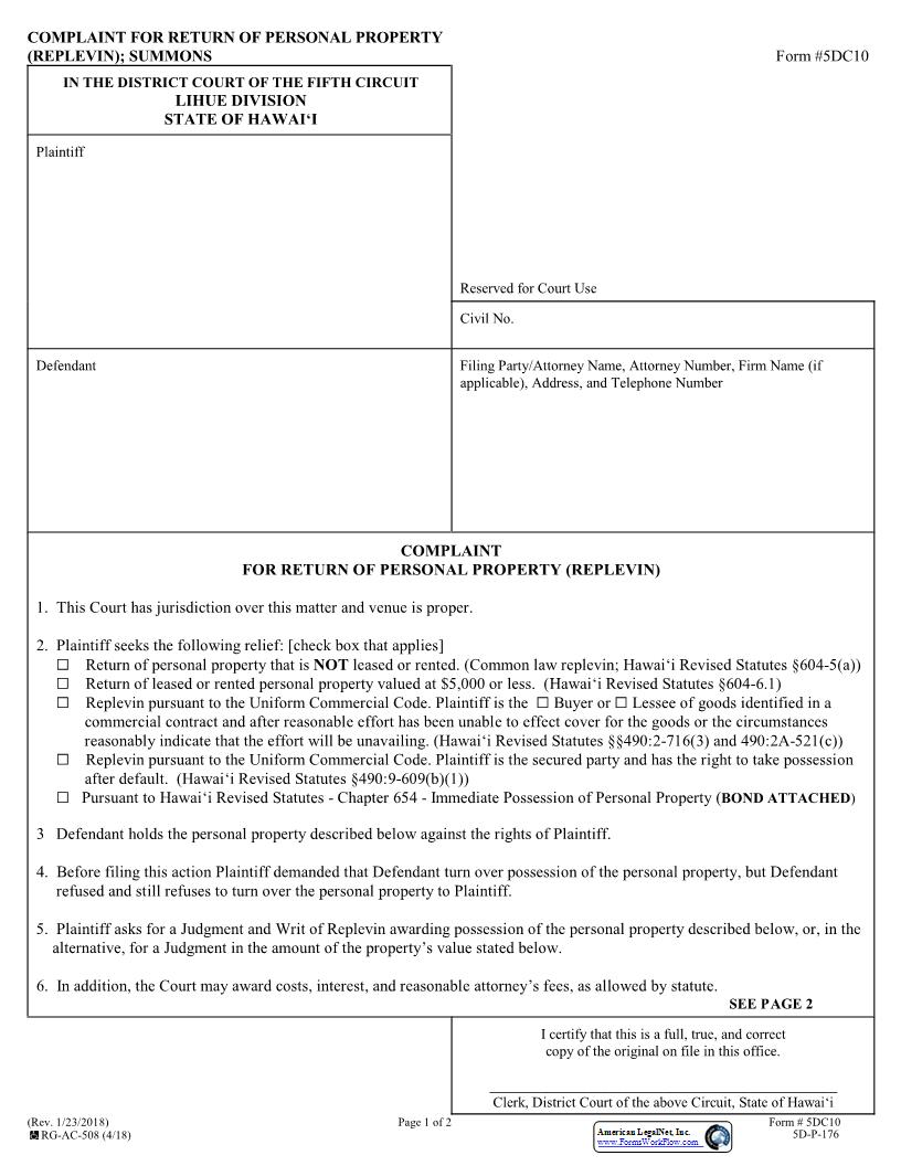 Complaint (Replevin) {5DC10} | Pdf Fpdf Docx | Hawaii