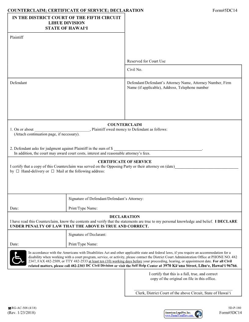 Counterclaim {5DC14} | Pdf Fpdf Docx | Hawaii