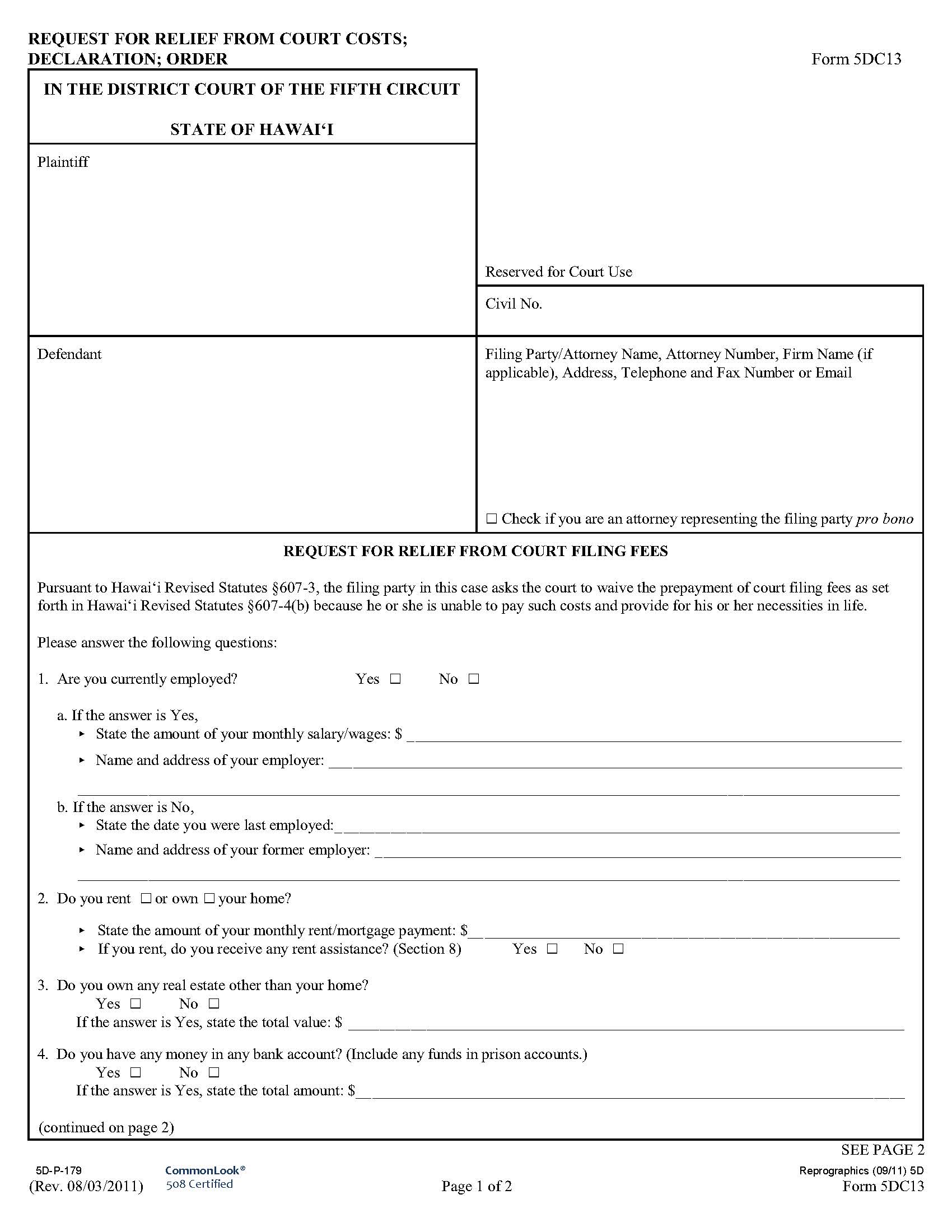 Ex Parte Application For Relief From Costs {5DC13} | Pdf Fpdf Doc Docx | Hawaii