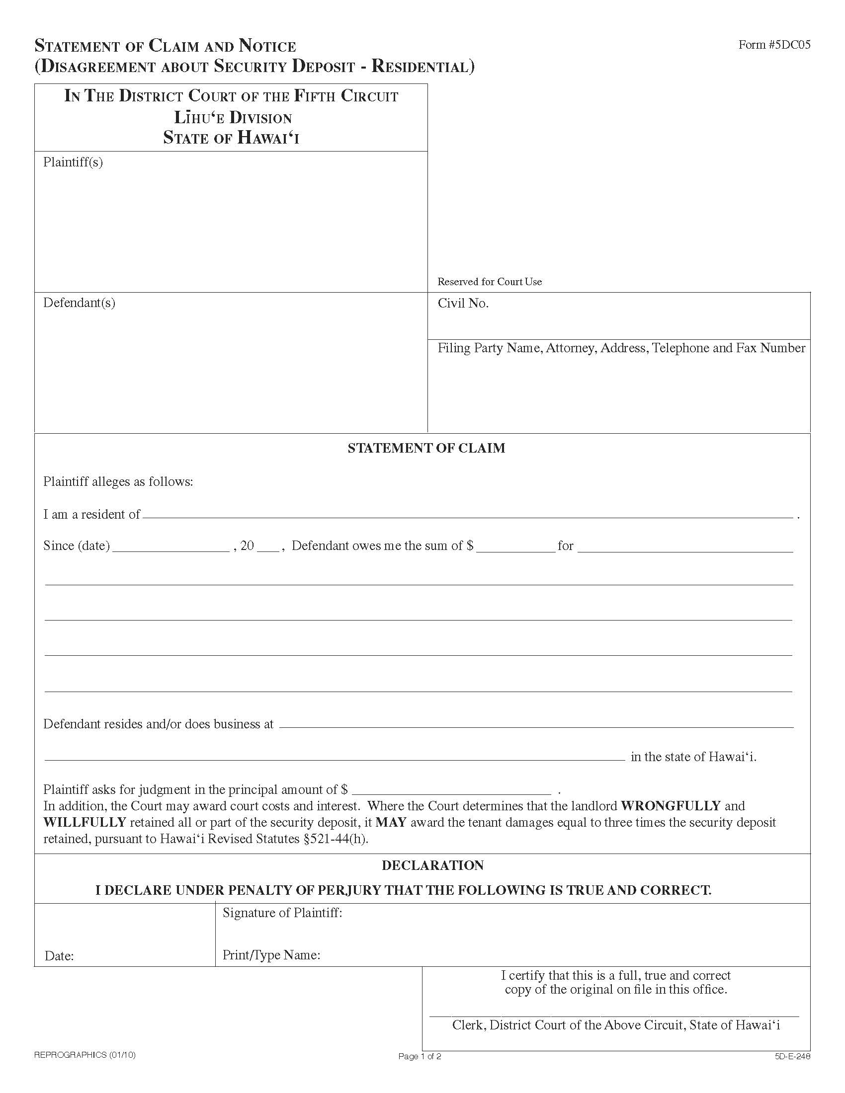 Statement Of Claim And Notice (Disagreement About Security Deposit-Residential) {5DC05} | Pdf Fpdf Doc Docx | Hawaii