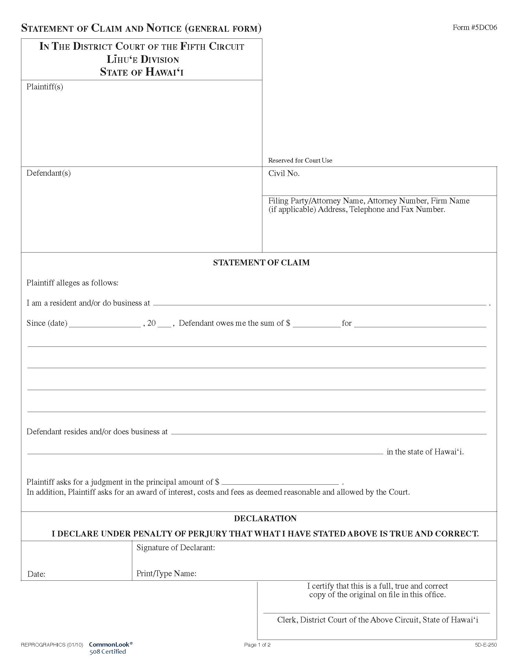 Statement Of Claim And Notice (General Form) {5DC06} | Pdf Fpdf Doc Docx | Hawaii