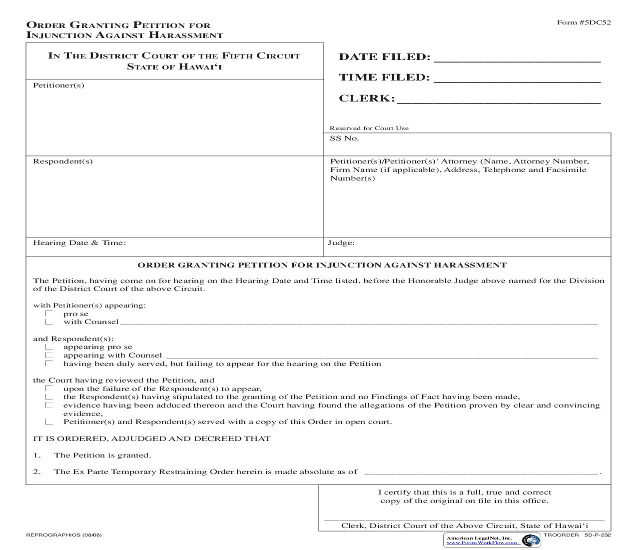 Order Granting Petition For Injunction Against Harassment {5DC52} | Pdf Fpdf Doc Docx | Hawaii